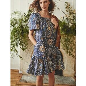 CARA CARA Janie Printed Cotton Mini Dress Blue Brown Sz S